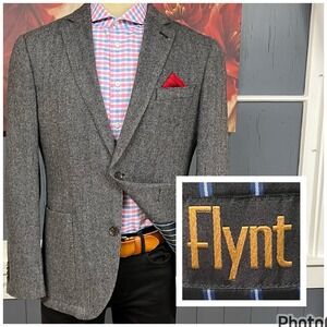 Flynt Soft Tweeded Blazer Jacket Sport Coat Mens 42R Wool Nylon Herringbone Gray